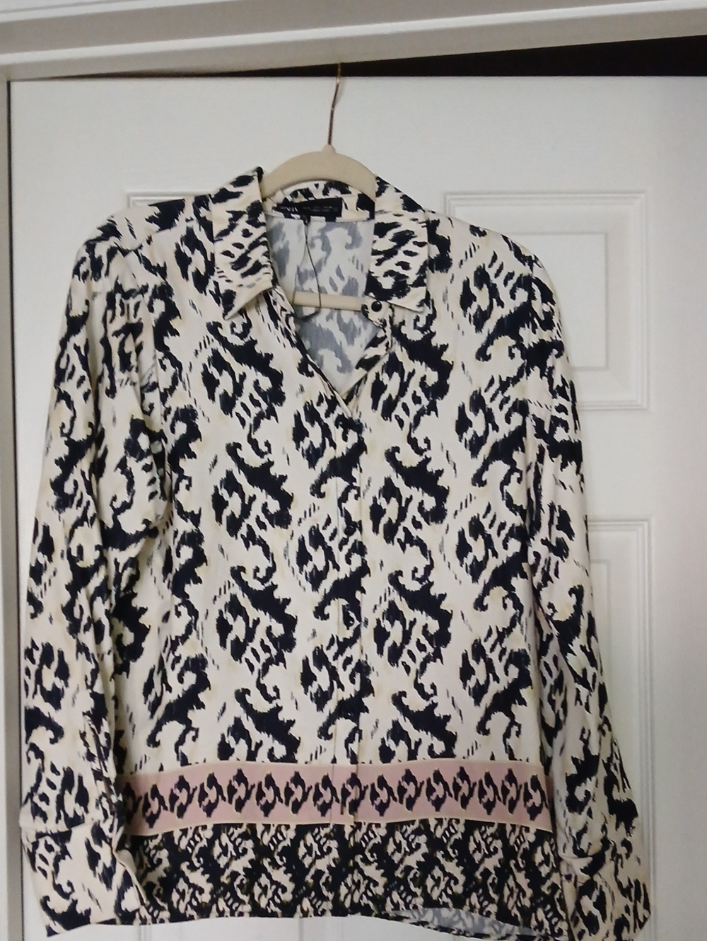 Zara Black and Cream Printed Long Sleeve Blouse with Pink Hem Detail